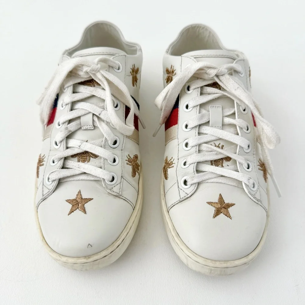 GUCCI || Ace‎ White Leather Embroidered Bee Star Sneakers Collapsible Heel EU 36